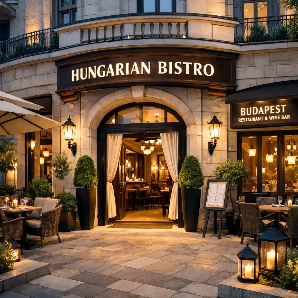 Budapesti belvárosi utcakép, ahol a Pannonicaa étterem elegáns környezete látható